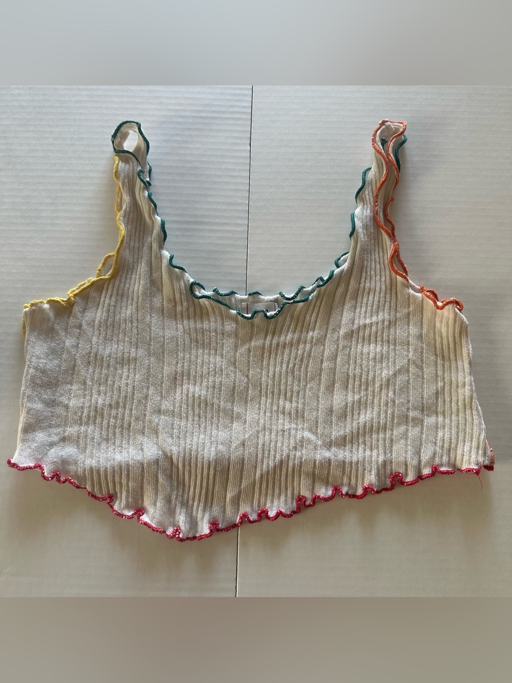 BDG Cream Ribbed Crop Tank with Multicolor Lettuce Edging